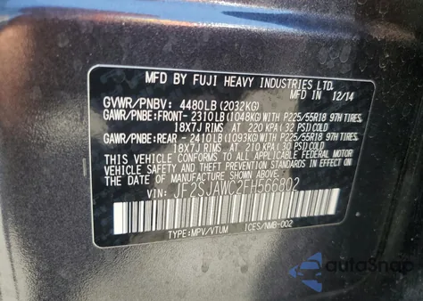 2015 Subaru Forester 2.5I Touring from USA, damaged, VIN JF2SJAWC2FH566802